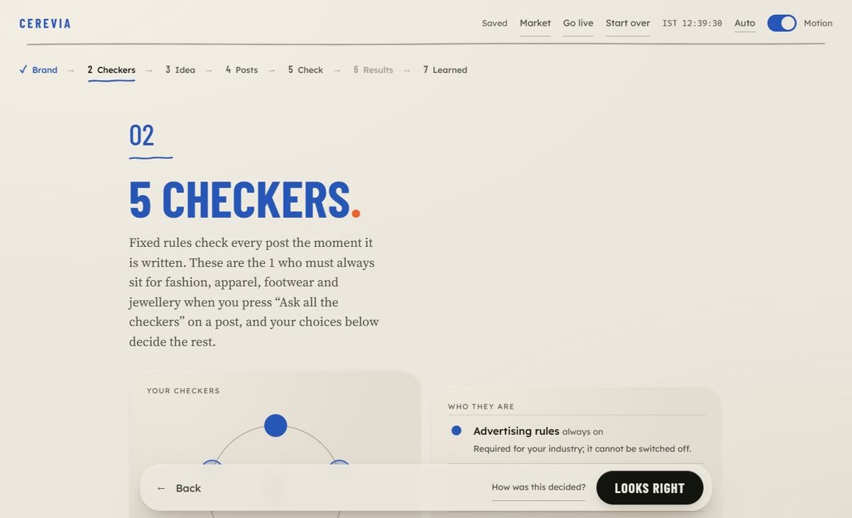 Cerevia Studio, the Checkers screen from a recorded real run